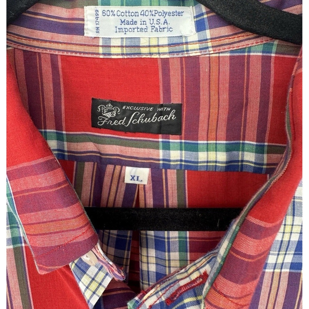 Vintage Fred Schwabach Shirt Mens XL Red Plaid Made USA Short Sleeve 0299 - Picture 3 of 8